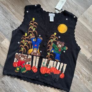 Vintage 90s Fall Halloween Vest, Grumpy Bears and Pumpkins NWT XL Basic Editions